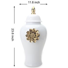 White Ginger Jar with Gilded Flower - Timeless Home Decor