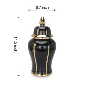 Black Linear Gilded Ginger Jar with Removable Lid