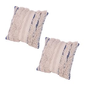 18 x 18 Handcrafted Shaggy Cotton Accent Throw Pillows, Woven Yarn, Set of 2, Beige, Blue