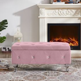 Storage Ottoman Bench, Bedroom End Bench,Velvet Upholstered Storage Bench with Button,Storage Ottoman with Safety Hinge,Flip top,metal leg with footpa