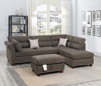 Sectional sofa Tan Color Velvet Fabric Reversible Chaise Sofa Sectional w Pillows Cocktail Storage Ottoman 3pc Set