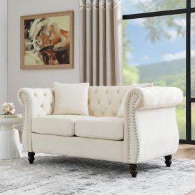 58.8" Chesterfield Sofa Beige Velvet for Living Room, 2 Seater Sofa Tufted Couch with Rolled Arms and Nailhead for Living Room, Bedroom, Office, Apart