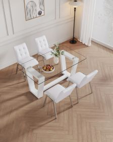 Table and chair set, rectangular dining table, equipped with 0.4 "tempered glass tabletop and white MDF trapezoidal support, paired with lattice armle