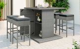 TOPMAX Patio 5-Piece Rattan Dining Table Set, PE Wicker Square Kitchen Table Set with Storage Shelf and 4 Padded Stools for Poolside, Garden, Gray Wic