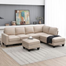 [VIDEO provided] [New] 104.3*78.7" Modern L-shaped Sectional Sofa,7-seat Linen Fabric Couch Set with Chaise Lounge and Convertible Ottoman for Living